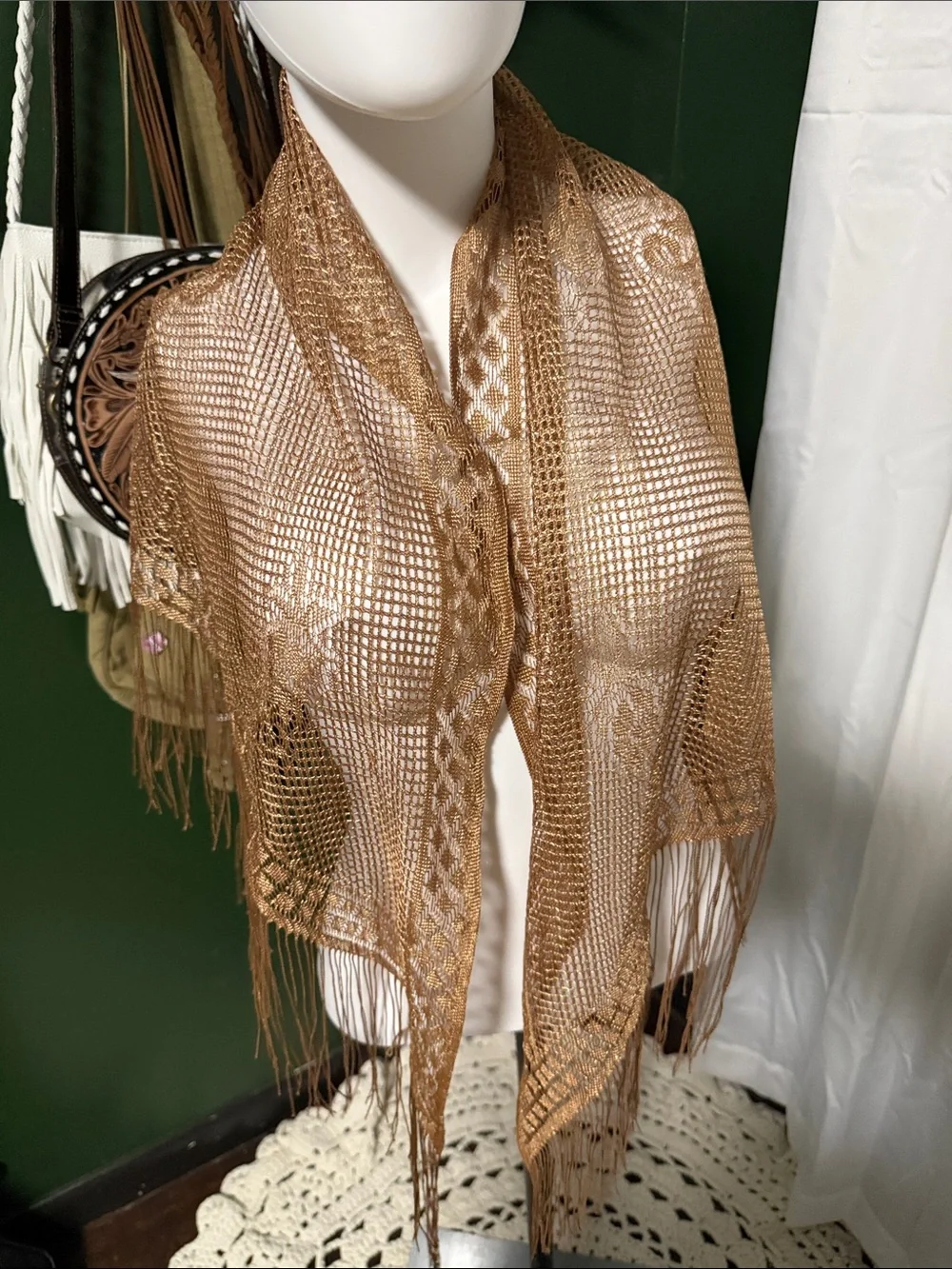 Gold Metallic Mesh Fringe Shawl Scarf